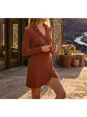 Free People "Helena" Wrap Mini Dress - Burnt Orange Long Sleeve EUC Size Small